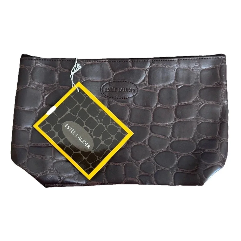Estée Lauder Chocolate Brown Faux CrocEmbossed Make‎ Up Cosmetic Zip Bag NWT